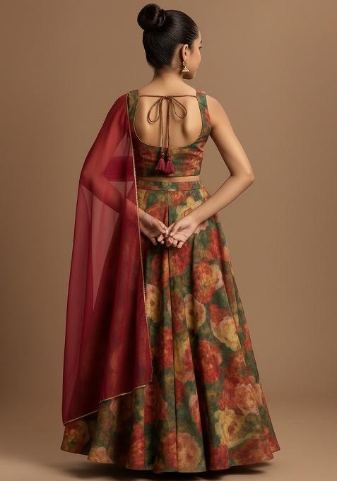 Girls Green Floral Print Tissue Lehenga Set