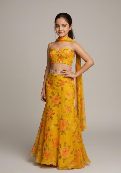 Girls Yellow Sequin Georgette Lehenga Set