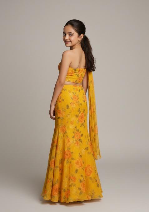 Girls Yellow Sequin Georgette Lehenga Set