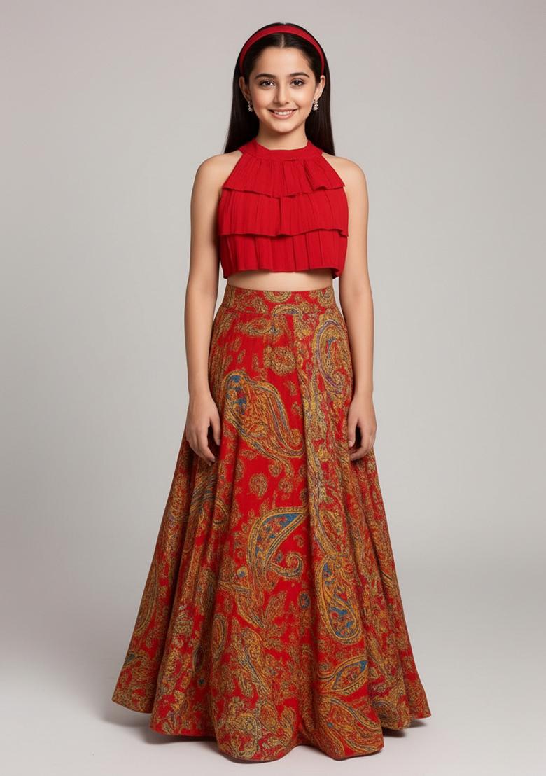 Girls Orange Floral Print Satin Lehenga Set - Indya