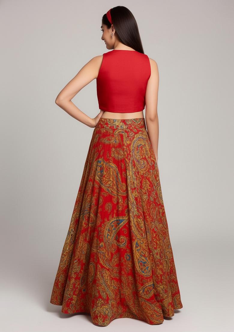 Girls Orange Floral Print Satin Lehenga Set - Indya