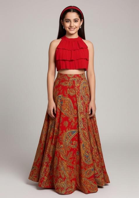 Girls Orange Floral Print Satin Lehenga Set