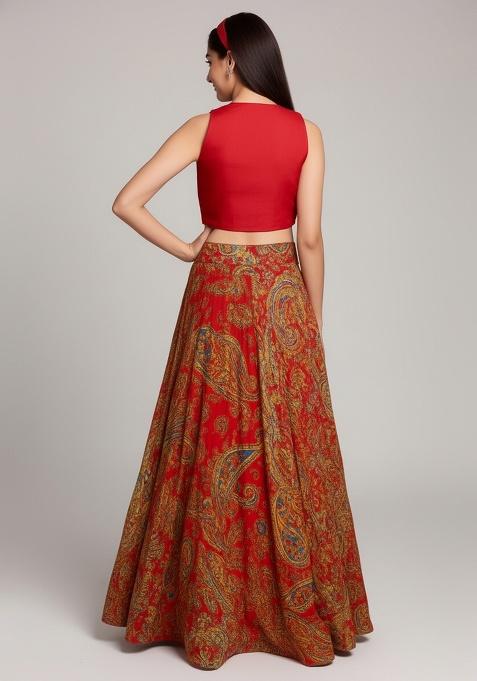 Girls Orange Floral Print Satin Lehenga Set