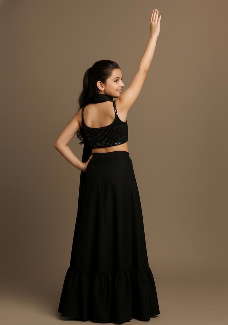 Girls Black Embellished Satin Lehenga Set - Indya