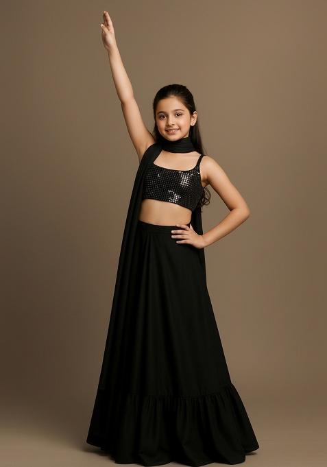 Girls Black Embellished Satin Lehenga Set