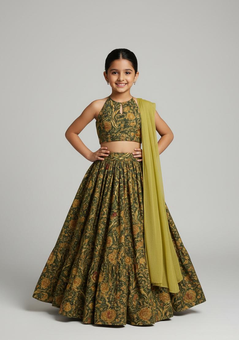 Girls Green Embroidered Chiffon Lehenga Set