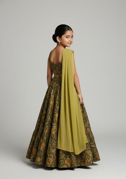 Girls Green Embroidered Chiffon Lehenga Set