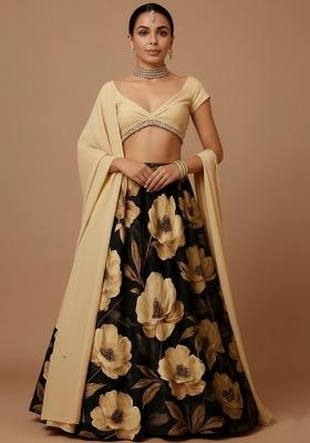 Girls Black Floral Print Crepe Lehenga Set