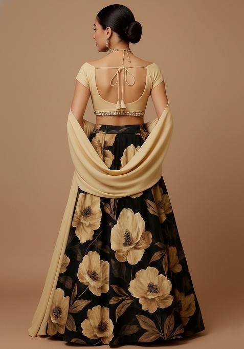 Girls Black Floral Print Crepe Lehenga Set