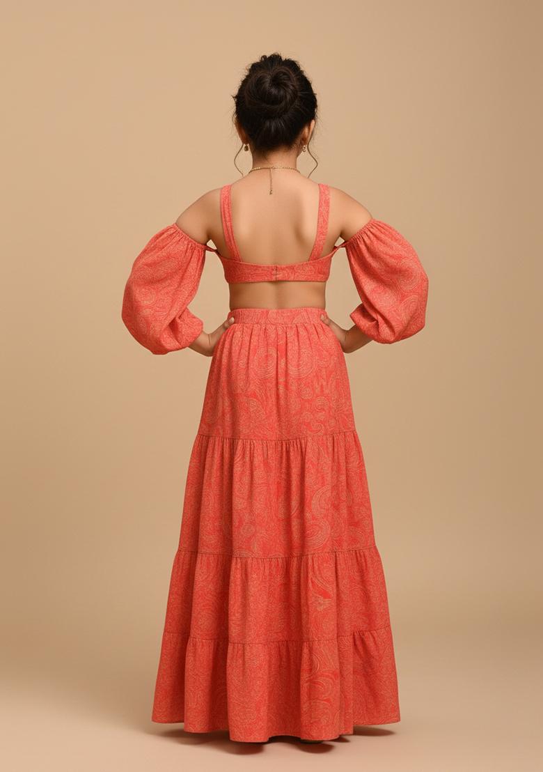 Girls Orange Floral Print Crepe Lehenga Set - Indya