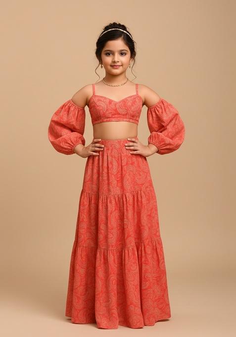 Girls Orange Floral Print Crepe Lehenga Set