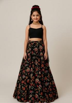 Girls Black Floral Print Chinon Lehenga Set
