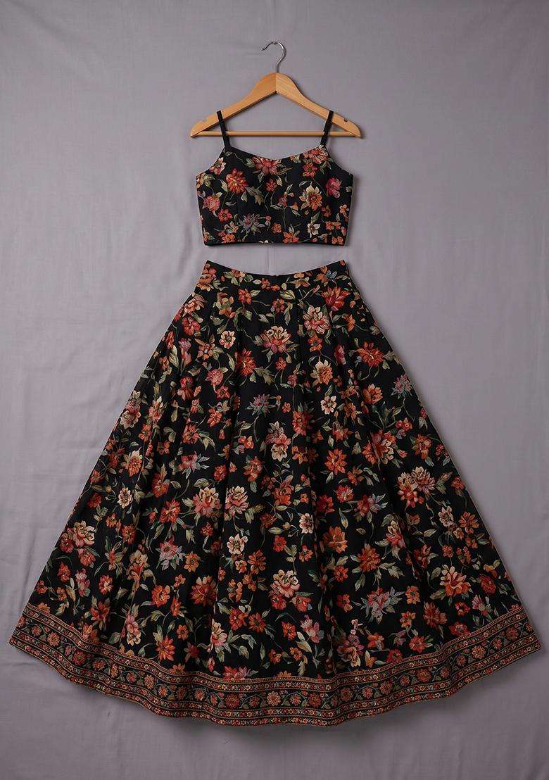 Girls Black Floral Print Chinon Lehenga Set - Indya