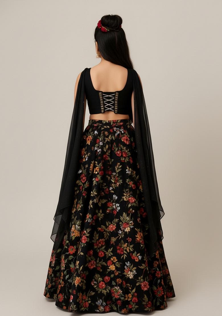 Girls Black Floral Print Chinon Lehenga Set - Indya