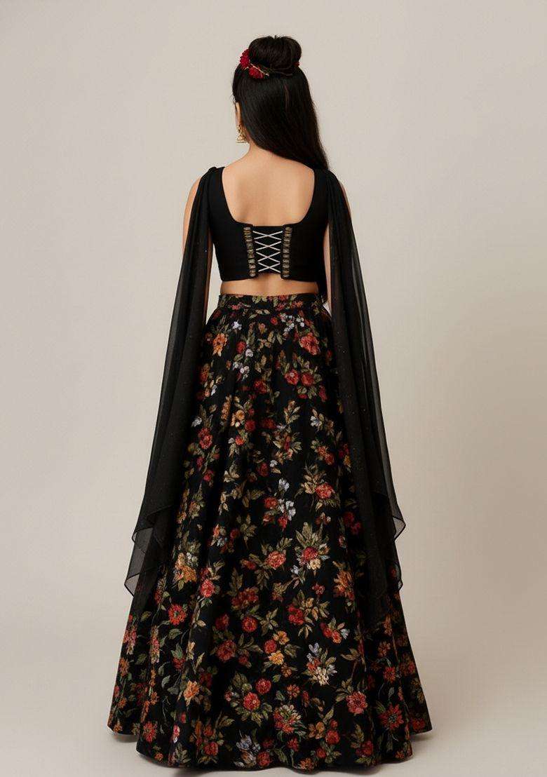 Girls Black Floral Print Chinon Lehenga Set - Indya
