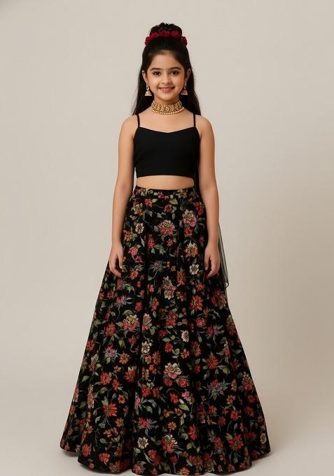 Girls Black Floral Print Chinon Lehenga Set