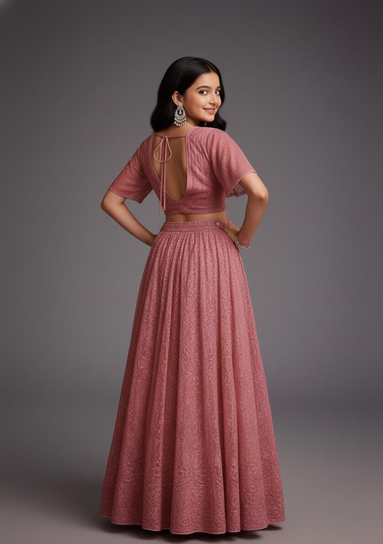 Girls Purple Embellished Net Lehenga Set - Indya