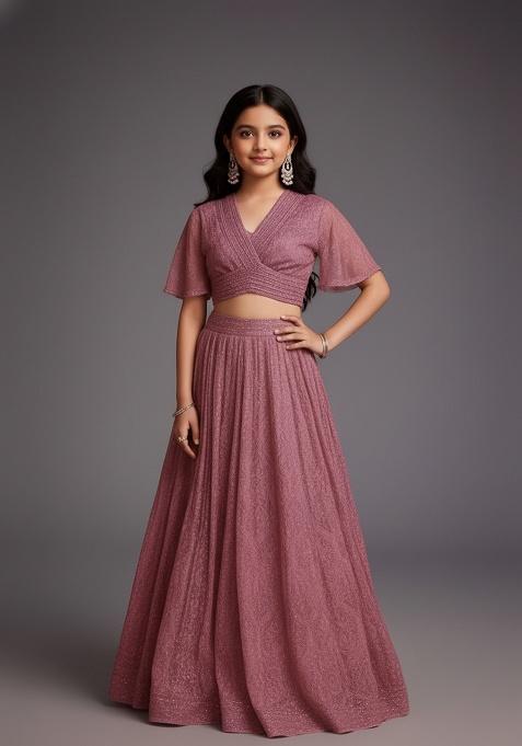 Girls Purple Embellished Net Lehenga Set