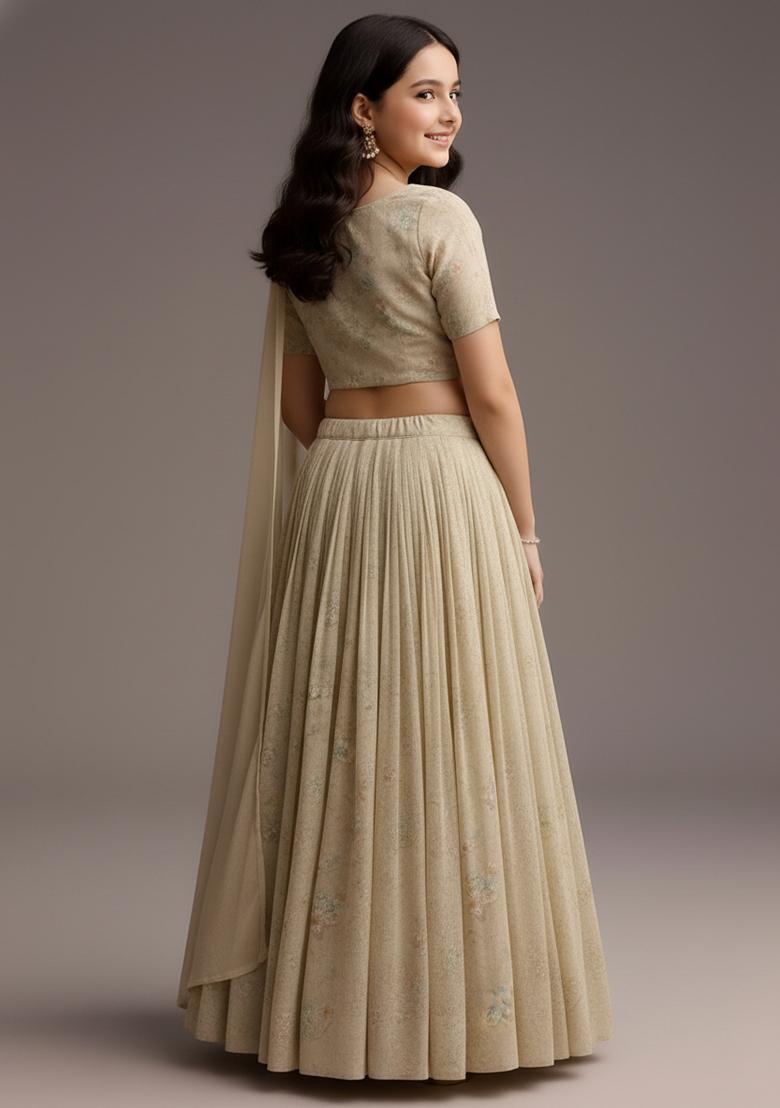 Girls Beige Embroidered Tissue Lehenga Set - Indya