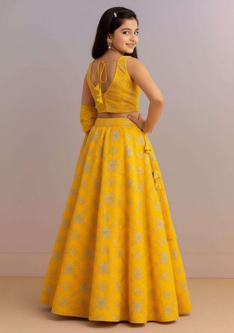 Girls Beige Embroidered Tissue Lehenga Set - Indya