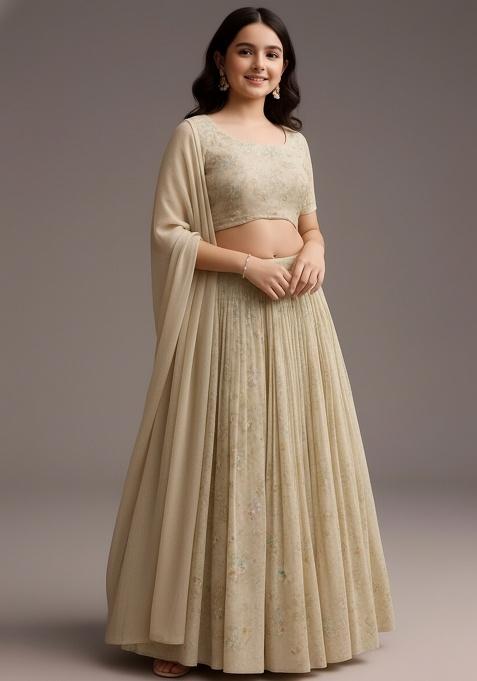 Girls Beige Embroidered Tissue Lehenga Set