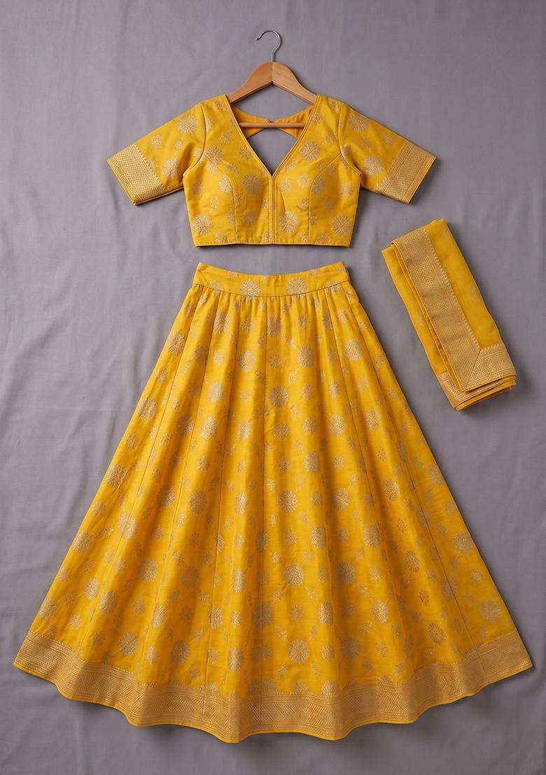 Girls Yellow Embroidered Silk Lehenga Set - Indya