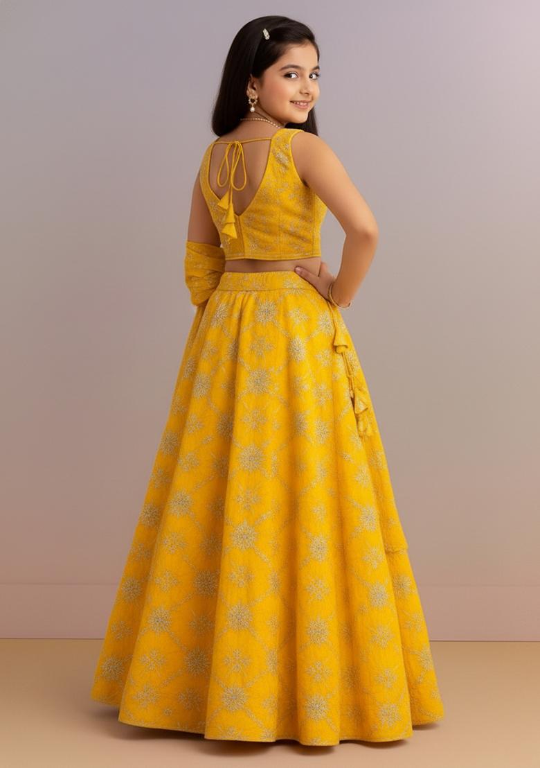 Girls Yellow Embroidered Silk Lehenga Set - Indya