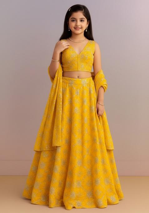 Girls Yellow Embroidered Silk Lehenga Set