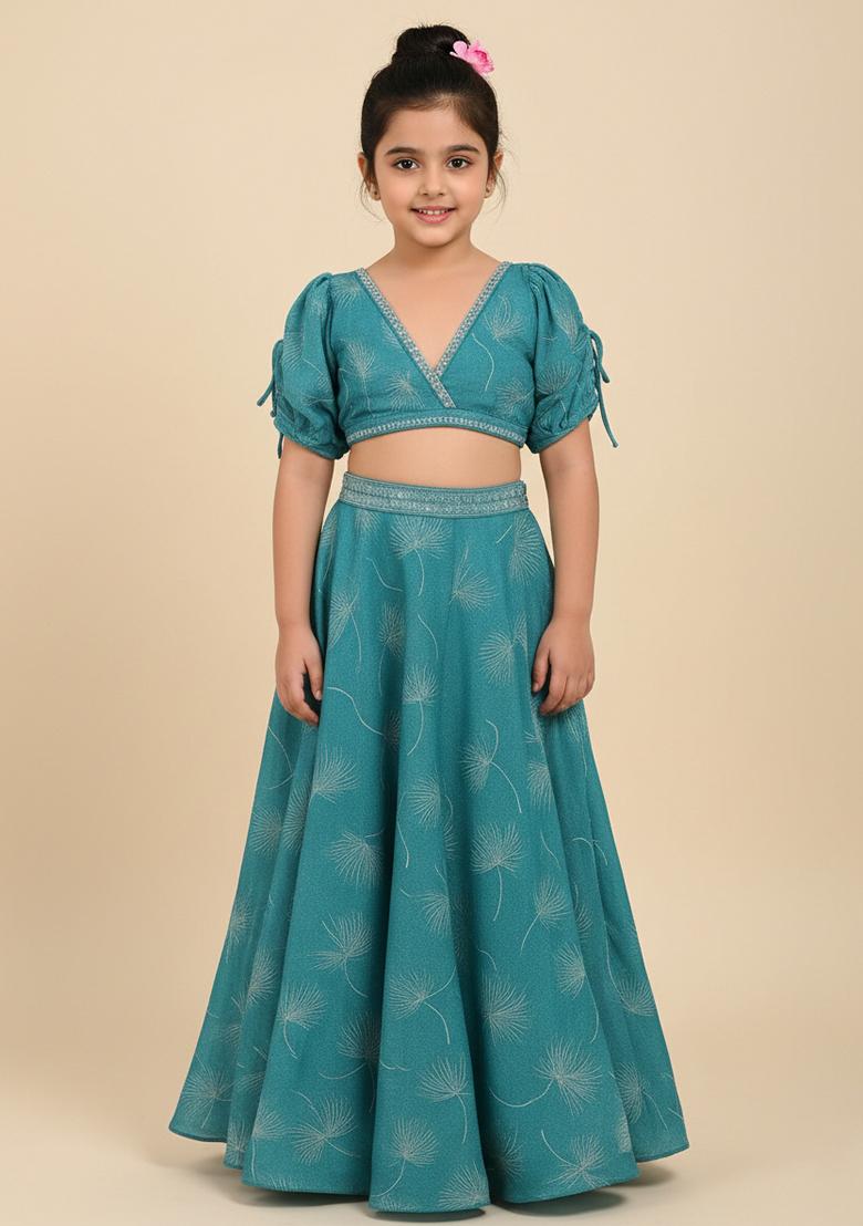 Girls Blue Floral Print Silk Crop Top Skirt Set