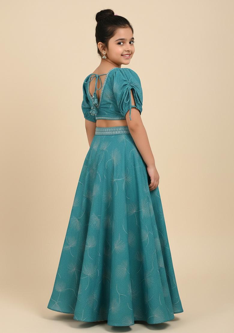 Girls Blue Floral Print Silk Crop Top Skirt Set