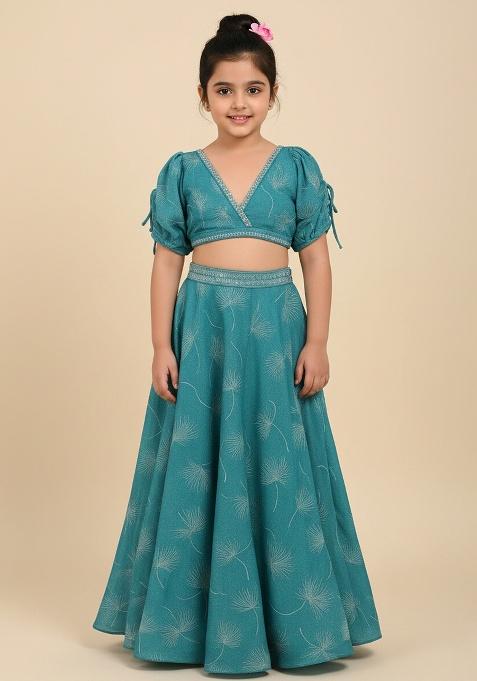 Girls Blue Floral Print Silk Crop Top Skirt Set