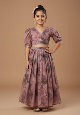Girls Pink Floral Print Georgette Crop Top Skirt Set