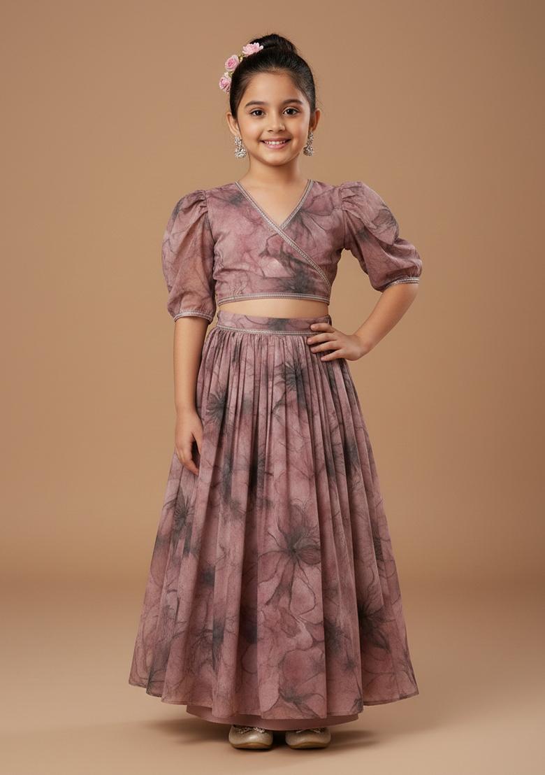 Girls Pink Floral Print Georgette Crop Top Skirt Set