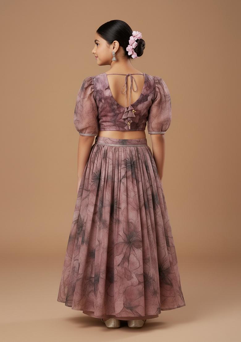 Girls Pink Floral Print Georgette Crop Top Skirt Set - Indya