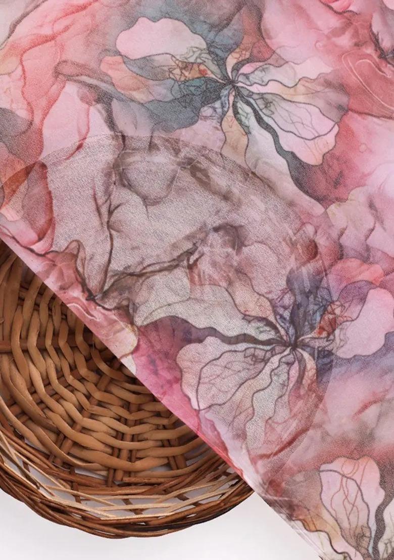 Girls Pink Floral Print Georgette Crop Top Skirt Set - Indya