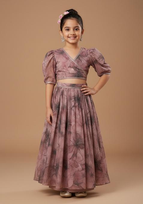 Girls Pink Floral Print Georgette Crop Top Skirt Set