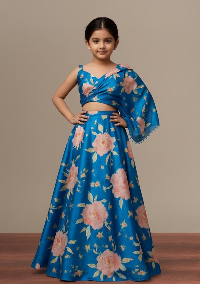 Girls Blue Floral Print Satin Crop Top Skirt Set