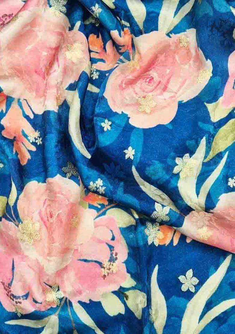 Girls Blue Floral Print Satin Crop Top Skirt Set