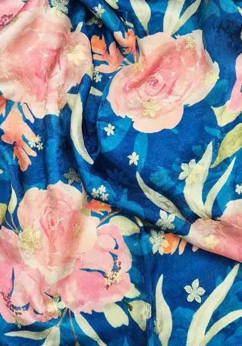 Girls Blue Floral Print Satin Crop Top Skirt Set