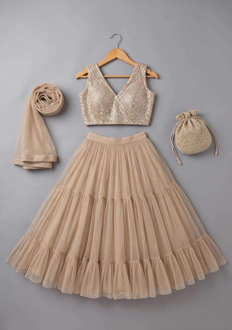 Girls Beige Sequin Georgette Lehenga Set - Indya