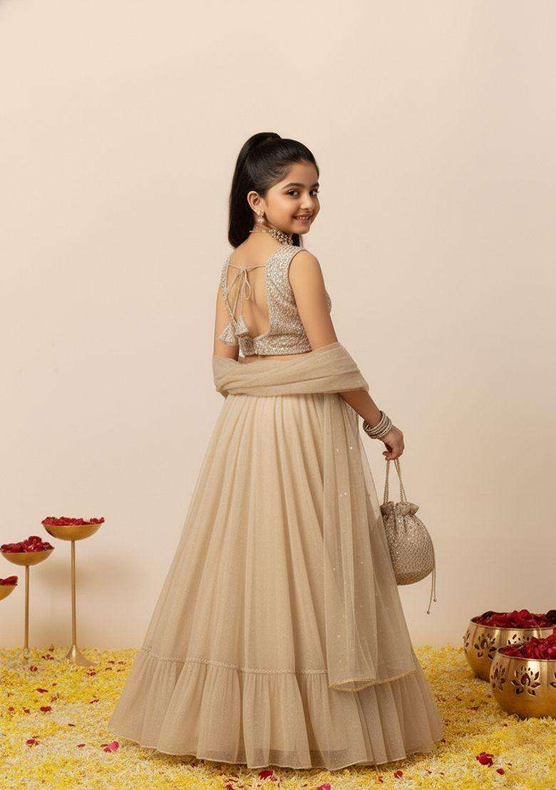 Girls Beige Sequin Georgette Lehenga Set - Indya
