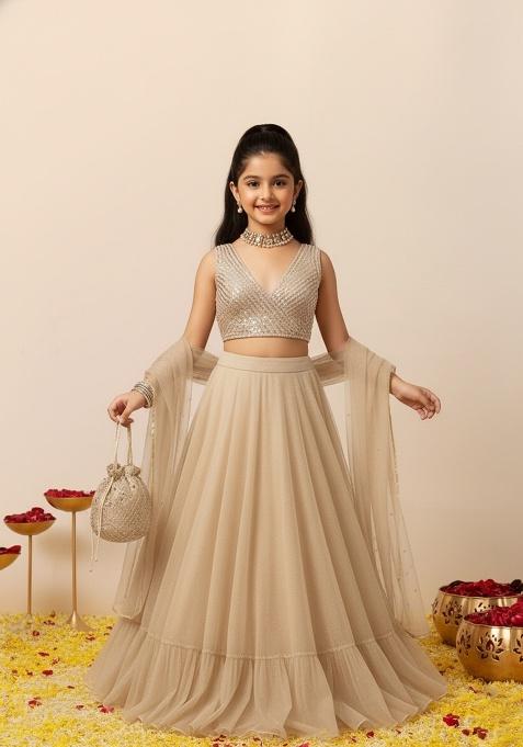 Girls Beige Sequin Georgette Lehenga Set