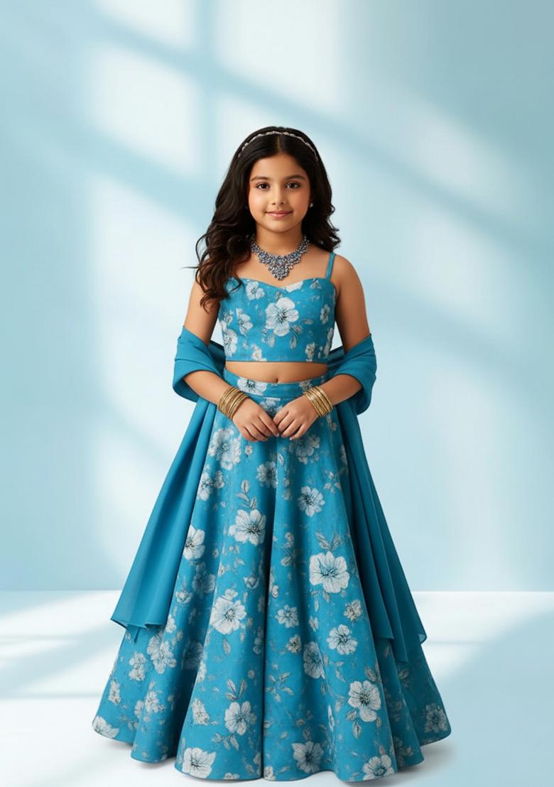 Girls Blue Floral Print Crepe Lehenga Set