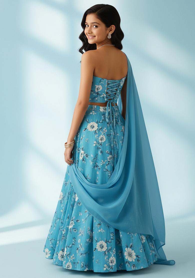 Girls Blue Floral Print Crepe Lehenga Set - Indya