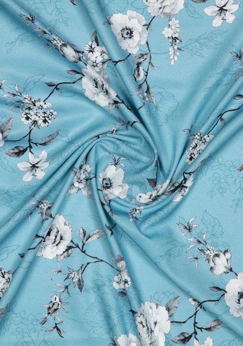 Girls Blue Floral Print Crepe Lehenga Set