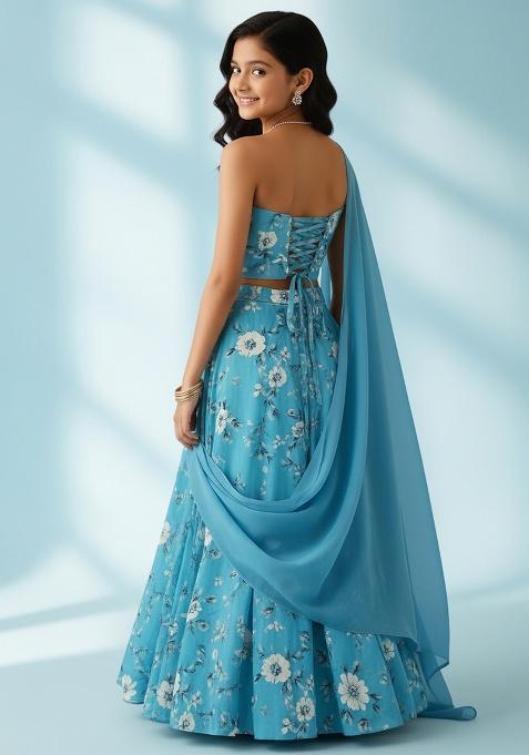Girls Blue Floral Print Crepe Lehenga Set