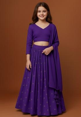 Girls Purple Embroidered Georgette Lehenga Set