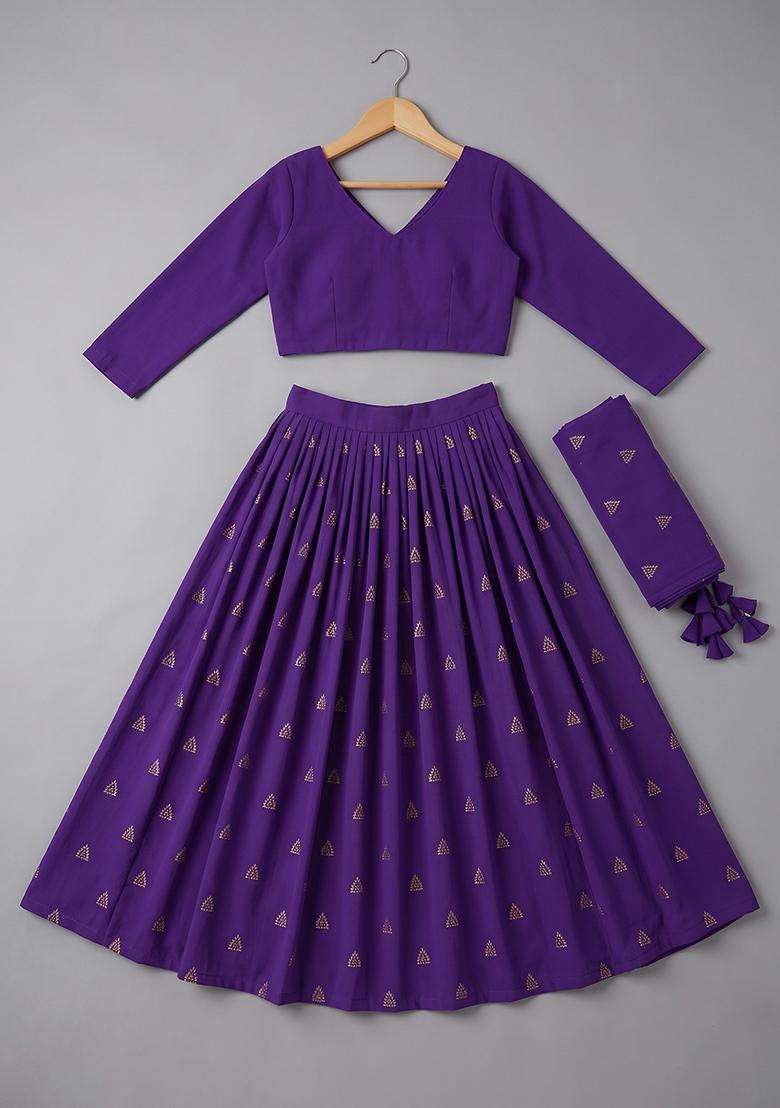 Girls Purple Embroidered Georgette Lehenga Set - Indya