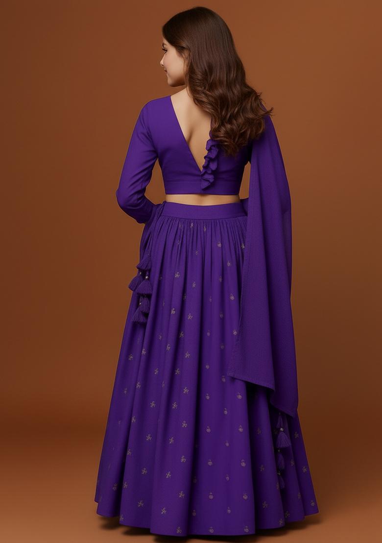 Girls Purple Embroidered Georgette Lehenga Set - Indya
