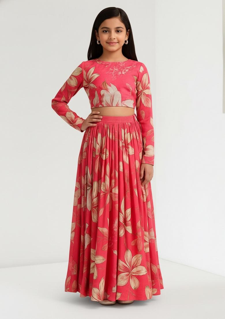 Girls Pink Floral Print Silk Lehenga Set - Indya
